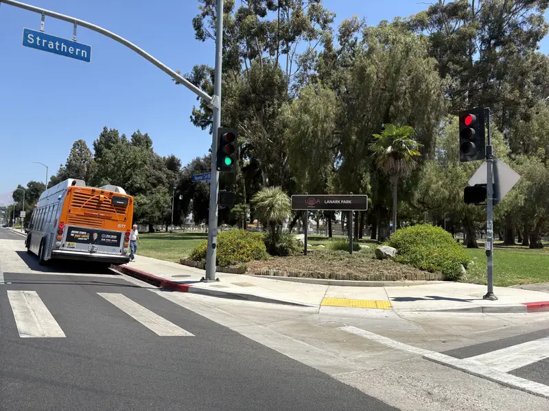 Lanark Park at Strathern Street with Metro bus stop, Canoga Park CA